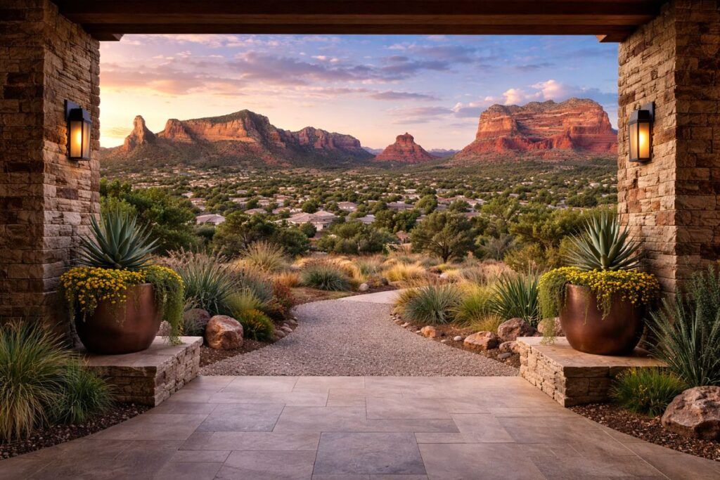 Desert sunset view from patio in Sedona Arizona